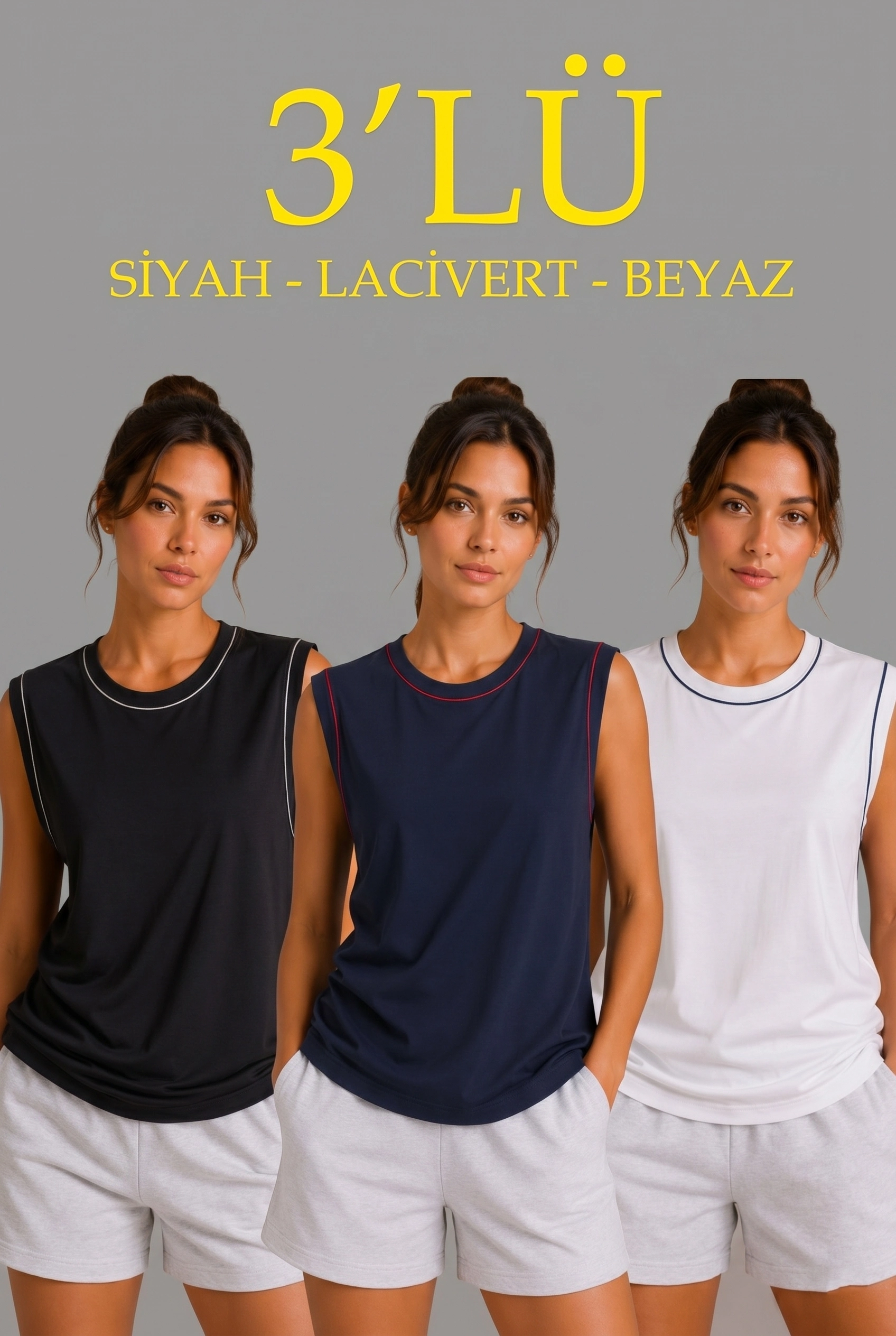 6a0de70ebefe8-18360231-sw1696sh2528 Kadın 3’lü Kolsuz Sporcu Atlet Seti Yazlık Bisiklet Yaka - Siyah, Lacivert, Beyaz