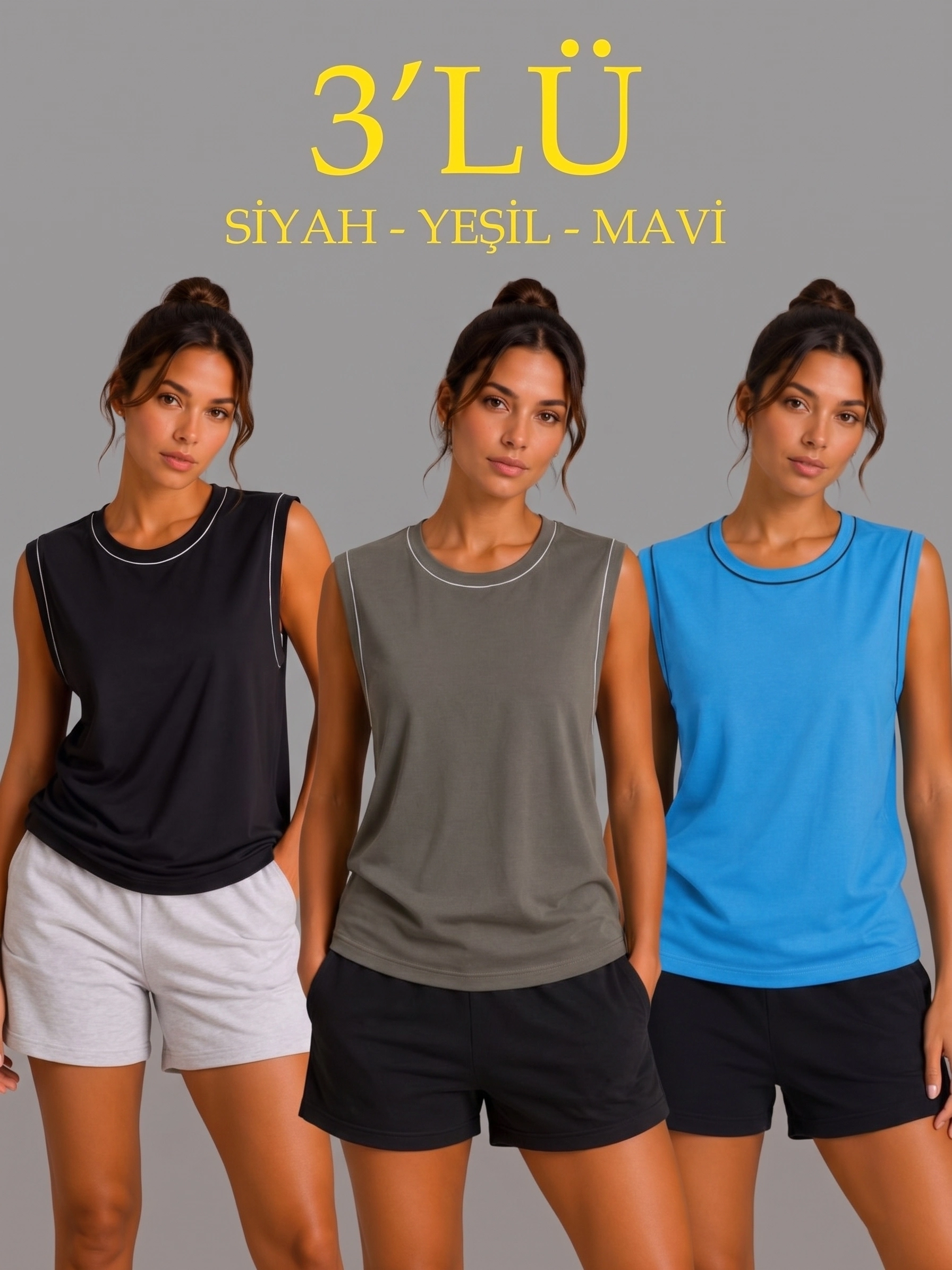 6a0de798bbee2-70192694-sw1792sh2390 Kadın 3’lü Kolsuz Sporcu Atlet Seti Yazlık Bisiklet Yaka - Siyah, Haki, Mavi