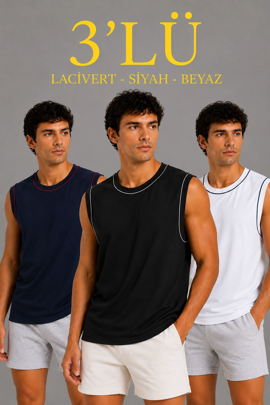 6a0deb73c3a32-48885362-sw1024sh1536 Erkek 3’lü Kolsuz Sporcu Atlet Seti Yazlık Bisiklet Yaka - Siyah, Lacivert, Beyaz