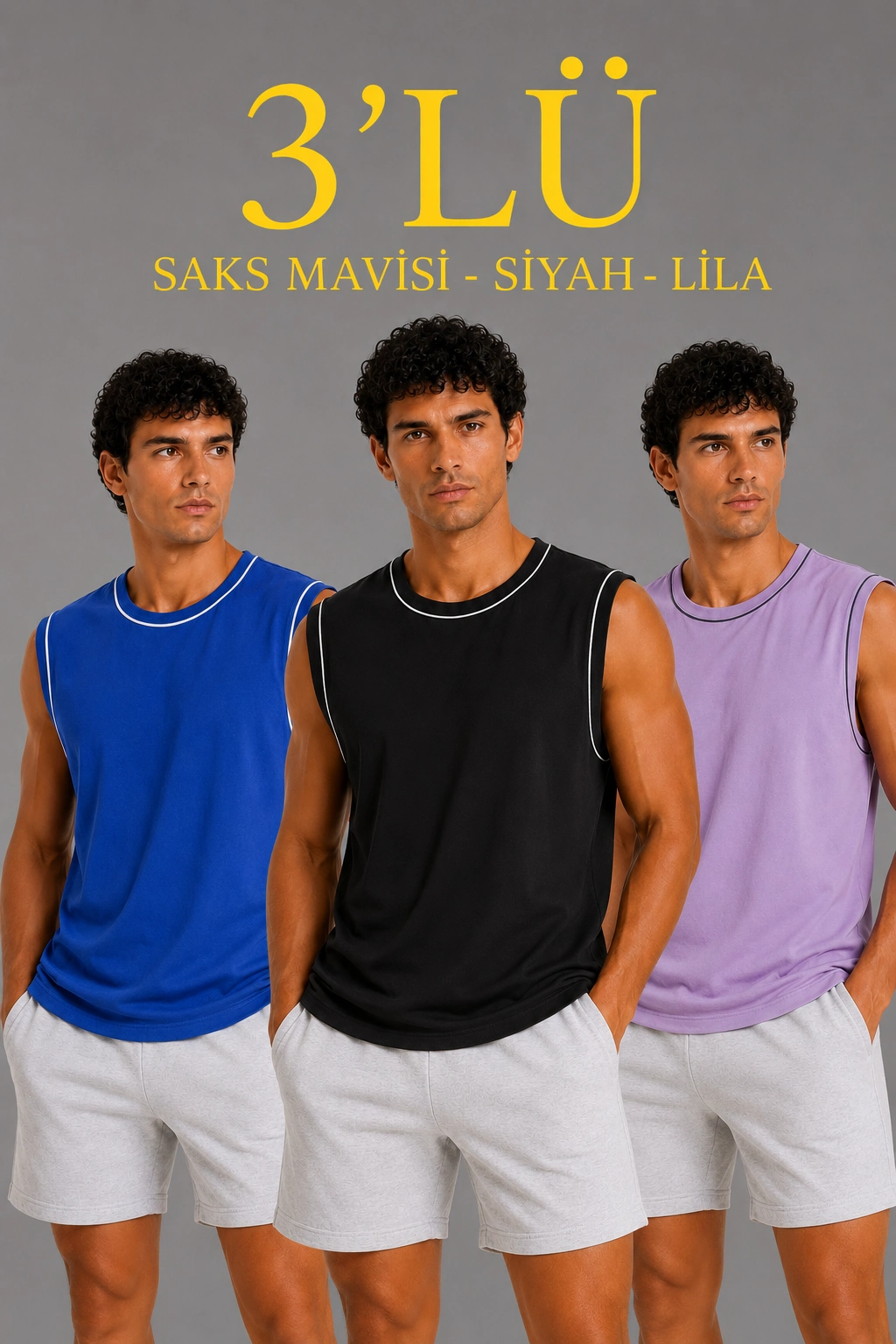 6a0deec8775be-44169275-sw1024sh1536 Erkek 3’lü Kolsuz Sporcu Atlet Seti Yazlık Bisiklet Yaka - Siyah, Lila, Saks Mavisi
