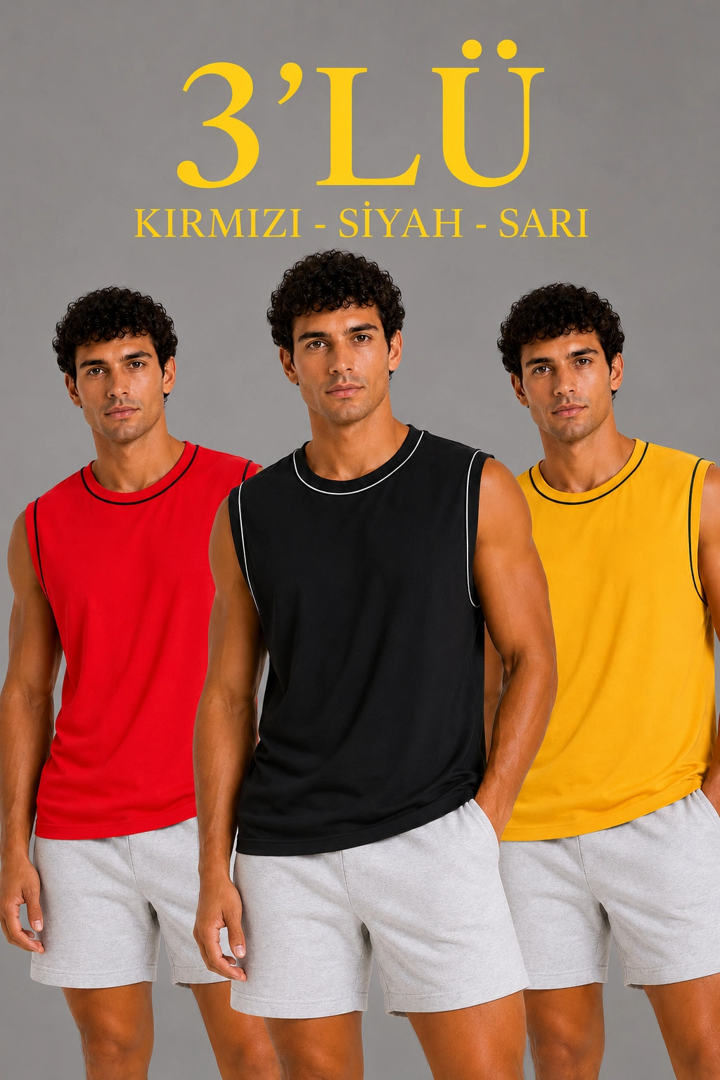 6a0def70cfe8c-34780554-sw1024sh1536 Erkek 3’lü Kolsuz Sporcu Atlet Seti Yazlık Bisiklet Yaka - Siyah, Kırmızı, Sarı