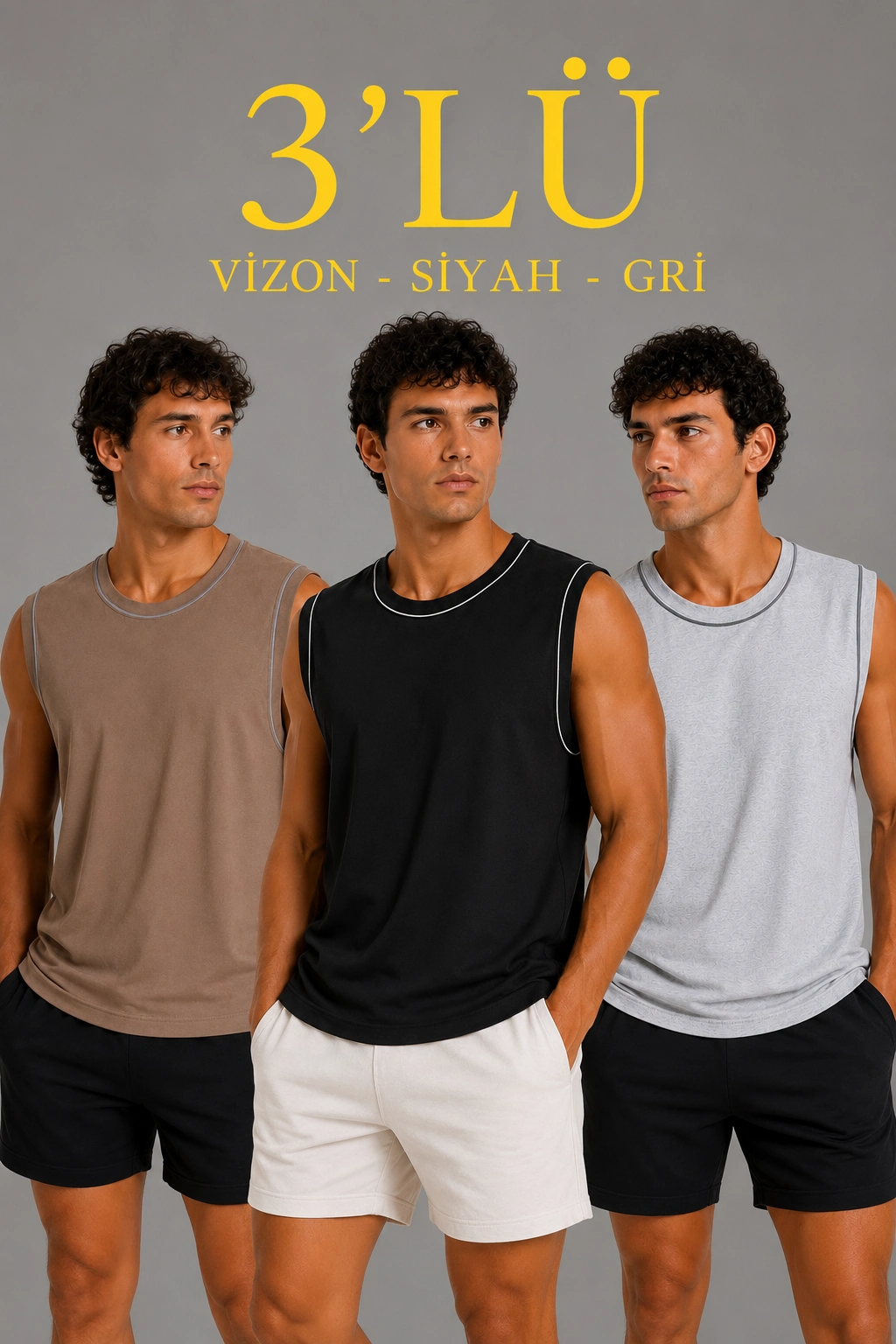 6a0df03445fca-44325291-sw1024sh1536 Erkek 3’lü Kolsuz Sporcu Atlet Seti Yazlık Bisiklet Yaka - Siyah, Kahverengi, Gri