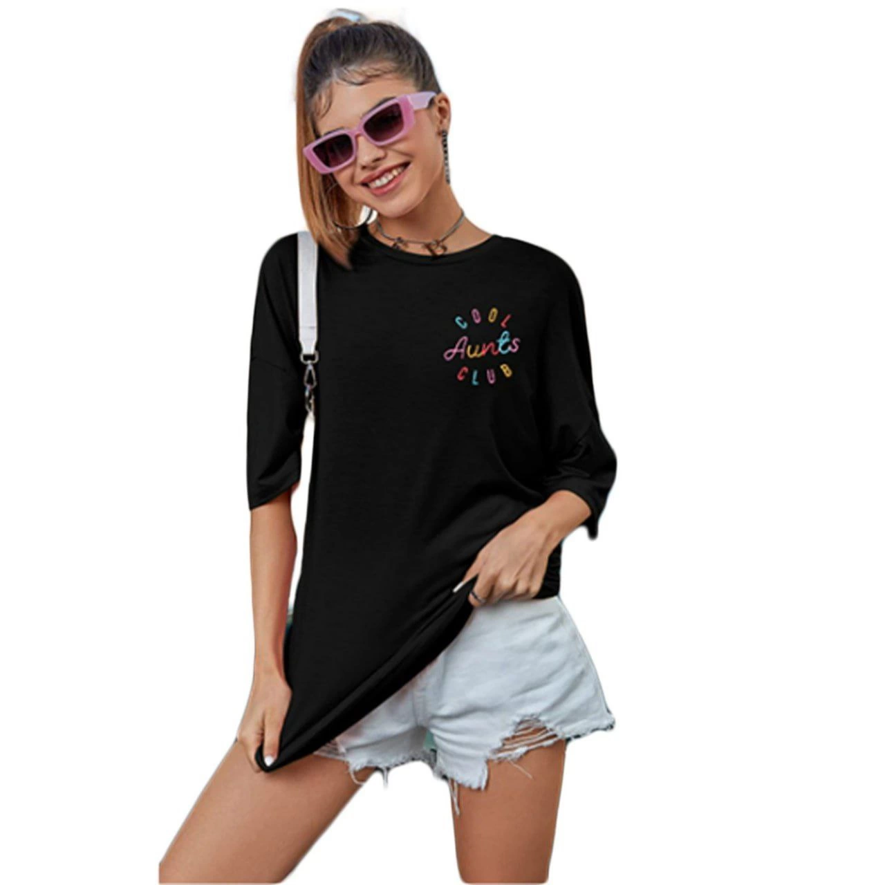 baskili-kadin-t-shirt-siyah-17578959-sw1280sh1280 Kadın Baskılı T-Shirt Kısa Kol Bisiklet Yaka Oversize Rahat Kalıp Tişört - Siyah - Görsel 2