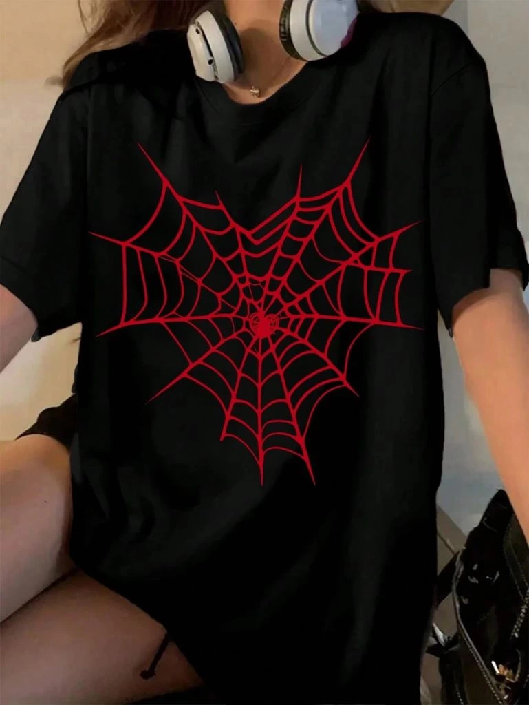 baskili-kadin-t-shirt-siyah-27744756-sw769sh1024 Kadın Örümcek Ağ Baskılı T-Shirt Kısa Kol Bisiklet Yaka Oversize Tişört - Siyah