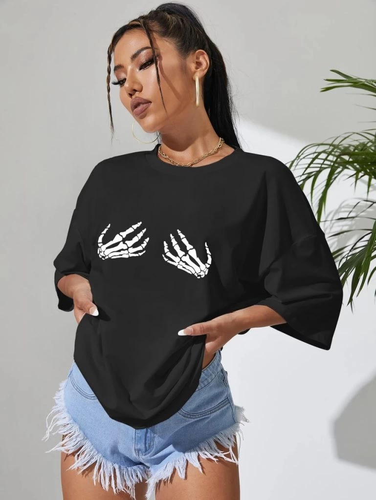 baskili-kadin-t-shirt-siyah-45909947-sw769sh1024 Kadın Baskılı T-Shirt Kısa Kol Bisiklet Yaka Oversize Rahat Kalıp Tişört - Siyah - Görsel 2