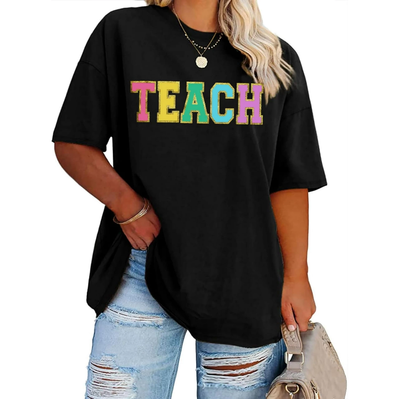 baskili-kadin-t-shirt-siyah-8346968-sw1280sh1280 Kadın Baskılı T-Shirt Kısa Kol Bisiklet Yaka Oversize Rahat Kalıp Tişört - Siyah