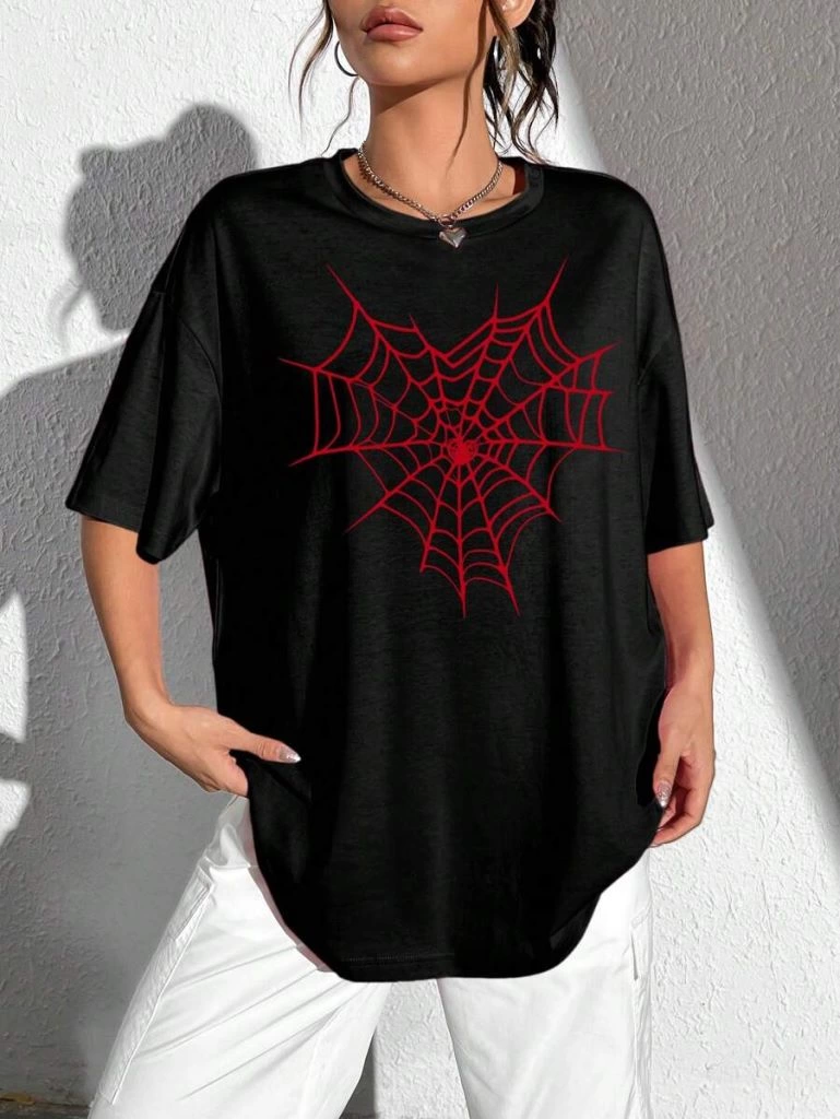 baskili-kadin-t-shirt-siyah-8347913-sw769sh1024 Kadın Örümcek Ağ Baskılı T-Shirt Kısa Kol Bisiklet Yaka Oversize Tişört - Siyah - Görsel 2