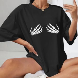 Kadın Baskılı T-Shirt Kısa Kol Bisiklet Yaka Oversize Rahat Kalıp Tişört - Siyah