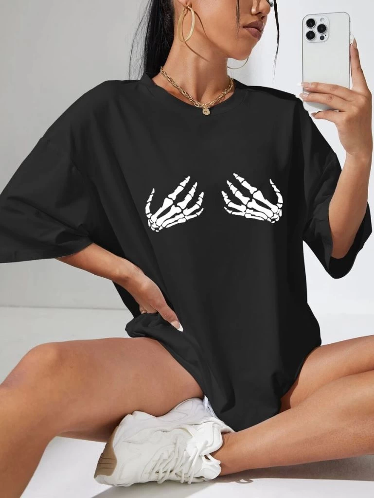 baskili-kadin-t-shirt-siyah-94971570-sw769sh1024 Kadın Baskılı T-Shirt Kısa Kol Bisiklet Yaka Oversize Rahat Kalıp Tişört - Siyah