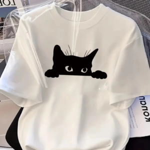 Kadınlar için Siyah Kedi Grafik Tişört - Oversize Kısa Kollu Üst Nefes Alabilir - Beyaz