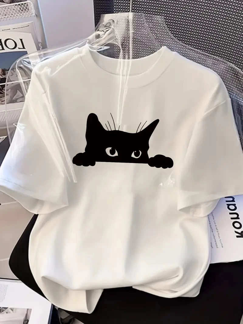 baskili-oversize-bisiklet-yaka-t-shirt-beyaz-11317176-sw800sh1066 Kadınlar için Siyah Kedi Grafik Tişört - Oversize Kısa Kollu Üst Nefes Alabilir - Beyaz