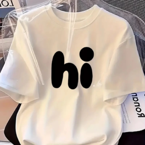 Kadın Kısa Kol Yazlık Tişört Bisiklet Yaka hi Baskılı T-Shirt - Beyaz