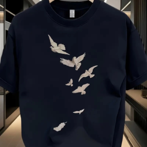 Erkek Özgür Kuşlar Baskılı Tişört Yazlık Bisiklet Yaka Kısa Kol T-Shirt - Beyaz