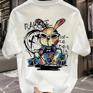 Erkek T-shirt Tavşan Baskılı Kısa Kollu Tişört - Beyaz