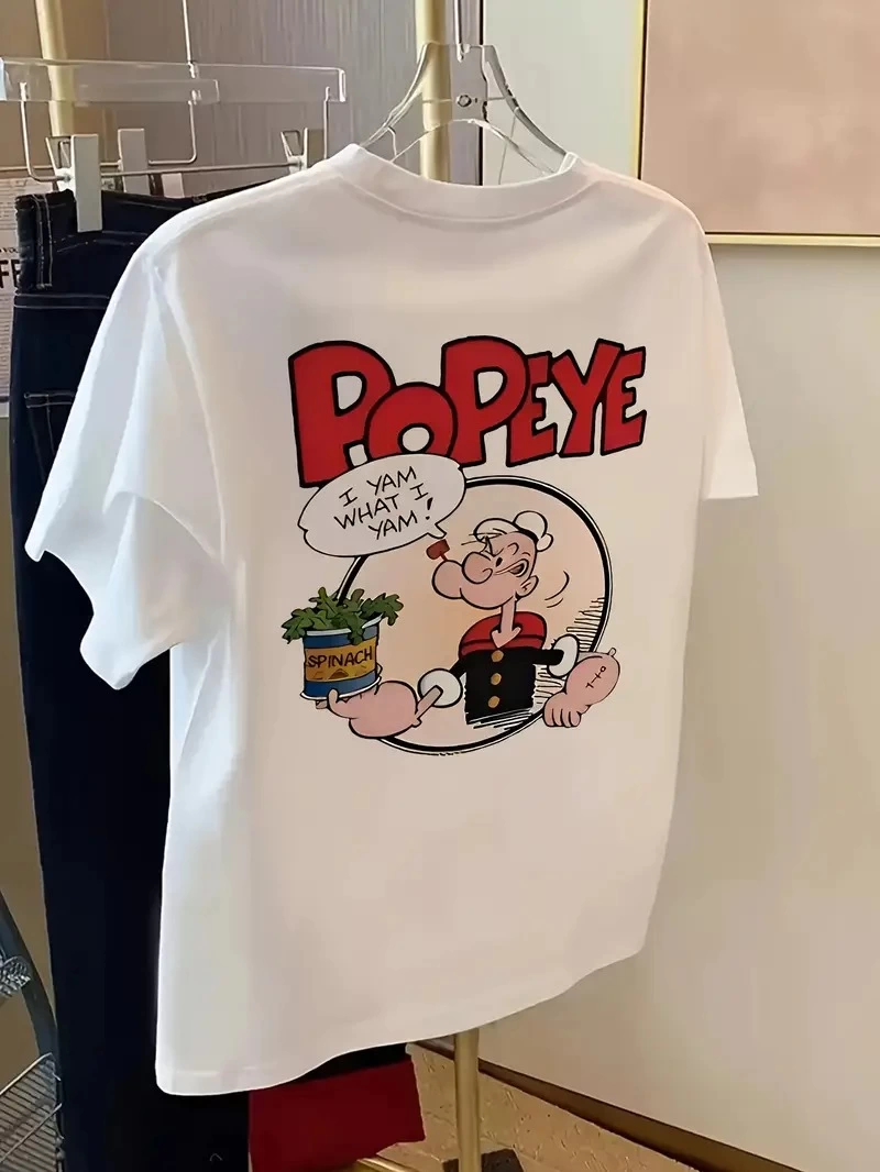 baskili-oversize-bisiklet-yaka-t-shirt-beyaz-43956880-sw800sh1066 Erkek T-Shirt Oversize Kısa kol Tişört Popeye Baskılı - Beyaz