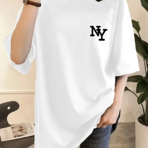 Kadın T-shirt Eğlenceli Harf NY Baskılı Bisiklet Yaka Tişört - Beyaz
