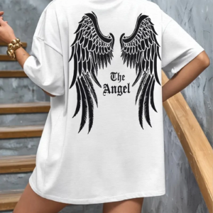 Kadın Kısa Kol Tişört Bisiklet Yaka Angel Melek Kanadı Baskılı T-Shirt - Beyaz