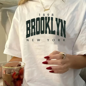 Kadın Tişört Bisiklet Yaka Brooklyn Baskılı Kısa Kollu T-shirt - Beyaz