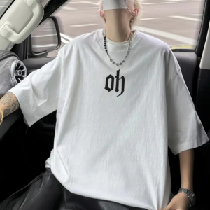 Erkek Kısa Kol Yazlık Tişört Bisiklet Yaka Baskılı Oversize T-Shirt - Beyaz