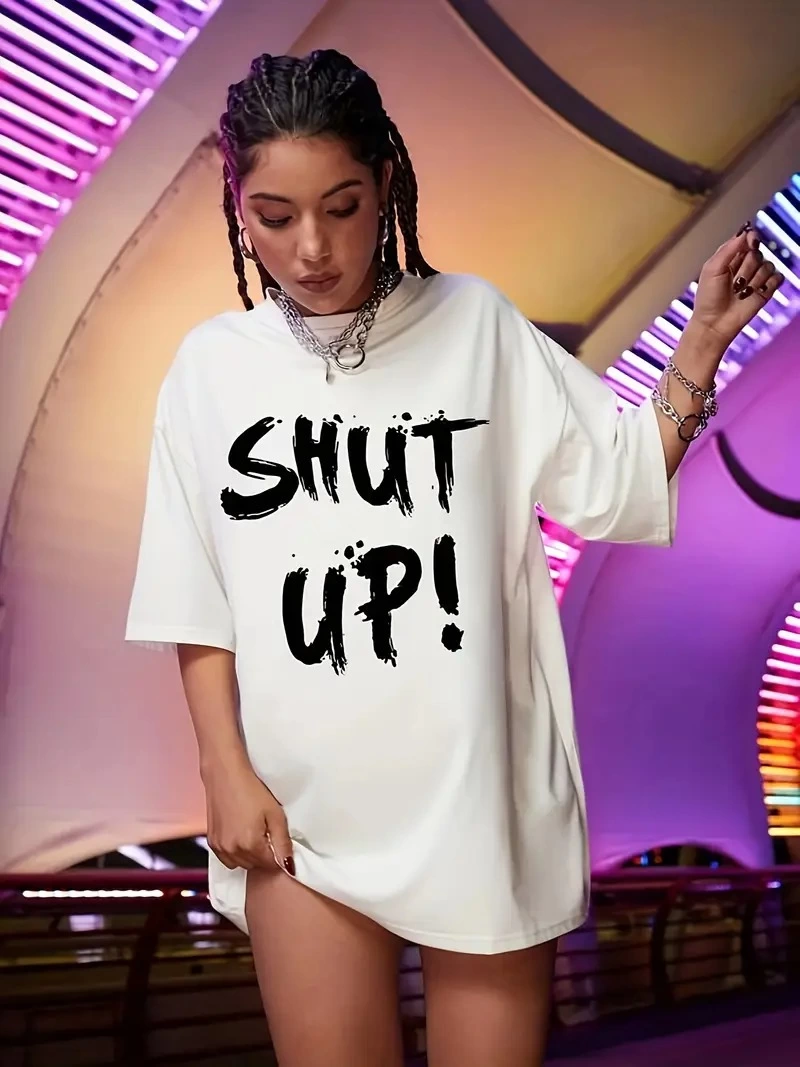 baskili-oversize-bisiklet-yaka-t-shirt-beyaz-98160941-sw800sh1067 Kadın Shut Up Baskılı Tişört Kısa Kol Bisiklet Yaka Oversize T-Shirt - Beyaz