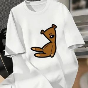 Kadın Tişört Bisiklet yaka Ayı Baskılı yazlık Kısa Kol T-shirt - Beyaz
