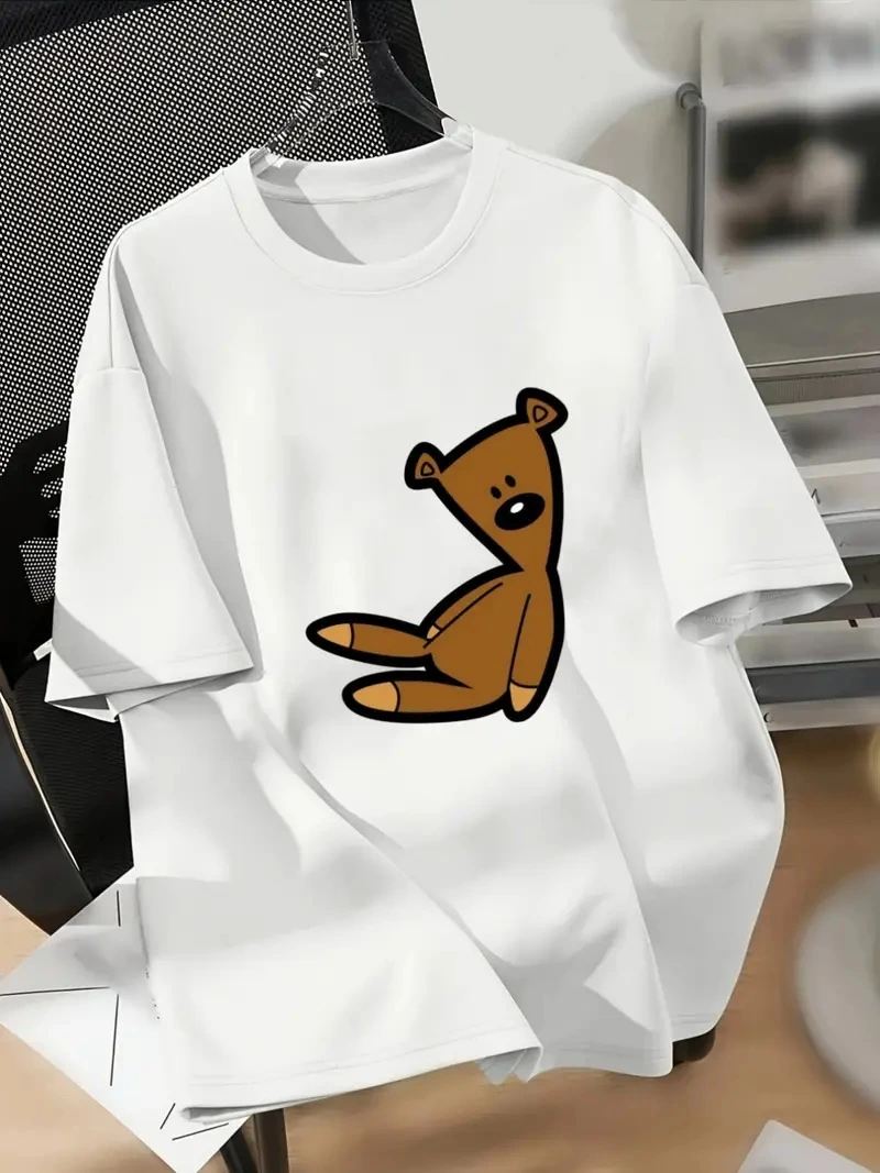 baskili-oversize-bisiklet-yaka-t-shirt-siyah-17968656-sw800sh1067 Kadın Tişört Bisiklet yaka Ayı Baskılı yazlık Kısa Kol T-shirt - Beyaz