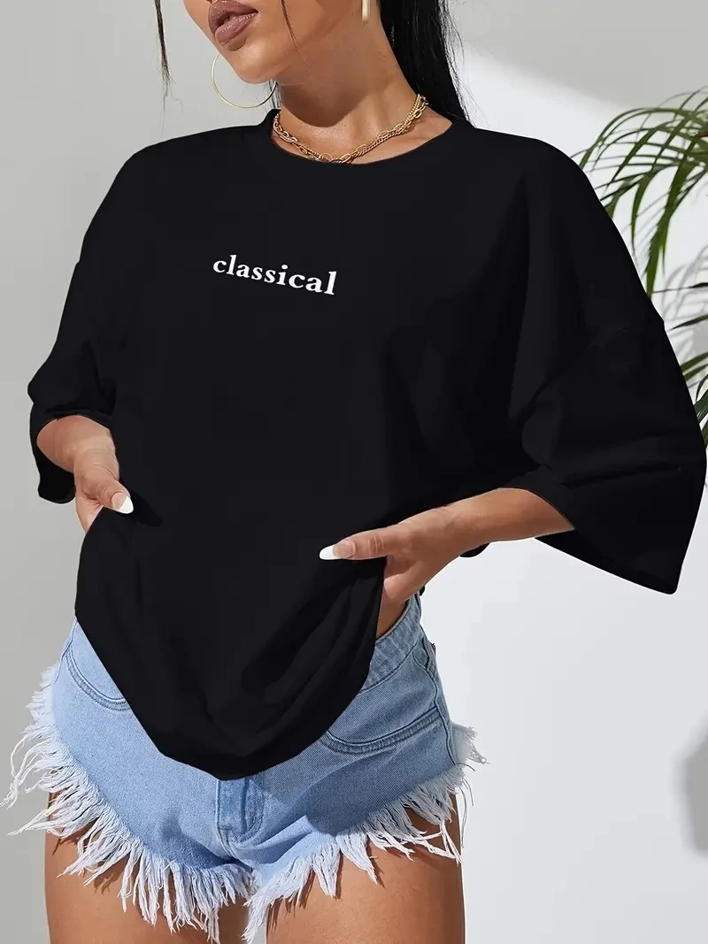 baskili-oversize-bisiklet-yaka-t-shirt-siyah-24592576-sw800sh1067 Kadın T-shirt Penye Compack Classical Baskılı Kısa kol Tişört - Siyah - Görsel 2