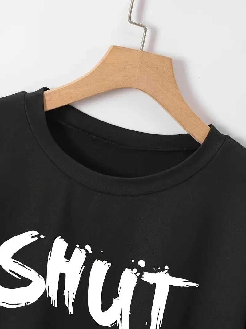 baskili-oversize-bisiklet-yaka-t-shirt-siyah-28487240-sw800sh1067 Kadın Tişört Shut Up Baskılı Kısa Kol Bisiklet Yaka T-Shirt - Siyah - Görsel 2
