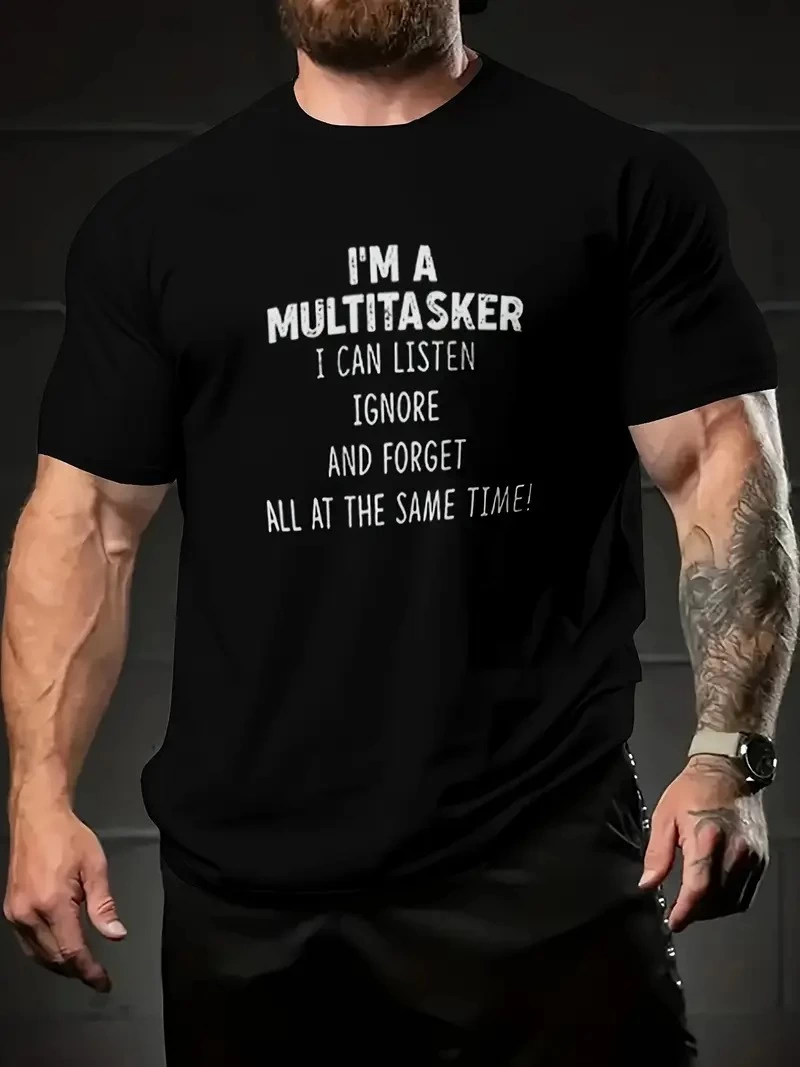 baskili-oversize-bisiklet-yaka-t-shirt-siyah-32312440-sw800sh1067 Erkek T-shirt Komik 'Multitasker' Baskılı Kısa kol Tişört - Siyah