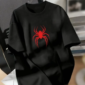 Kadın Kısa Kol Yazlık Tişört Bisiklet Yaka Spider Baskılı T-Shirt - Siyah
