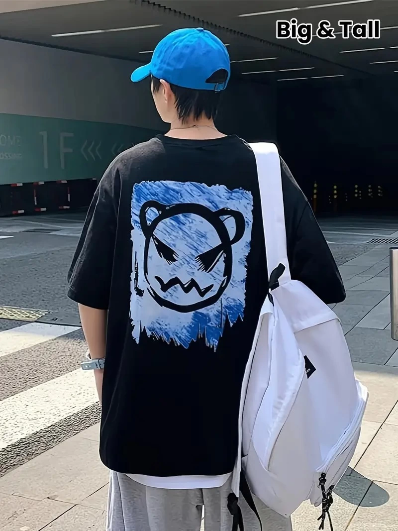 baskili-oversize-bisiklet-yaka-t-shirt-siyah-39128774-sw800sh1067 ERKEK Tişört Bisiklet Yaka Kore tarzı baskı Kısa Kol t-shirt - Siyah