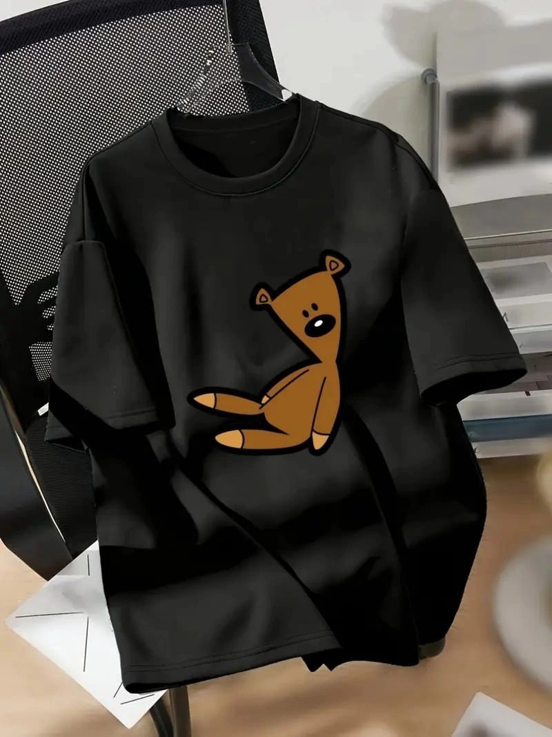 baskili-oversize-bisiklet-yaka-t-shirt-siyah-39314376-sw800sh1067 Kadın Tişört Ayı Baskılı Bisiklet Yaka Yazlık Kısa Kol T-shirt - Siyah