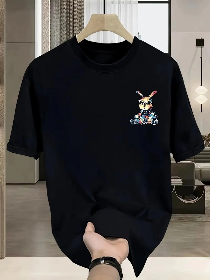 baskili-oversize-bisiklet-yaka-t-shirt-siyah-42823720-sw800sh1067 Erkek T-shirt Tavşan Baskılı Kısa Kollu Tişört - Siyah - Görsel 2