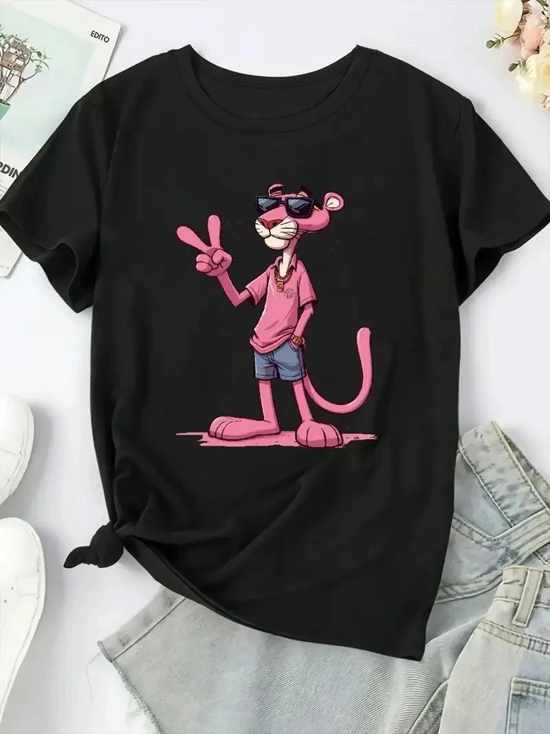 baskili-oversize-bisiklet-yaka-t-shirt-siyah-48638115-sw800sh1067 Kadın Tişört Pembe Panter Baskılı Bisiklet Yaka Kısa Kol T-shirt - Beyaz - Görsel 2