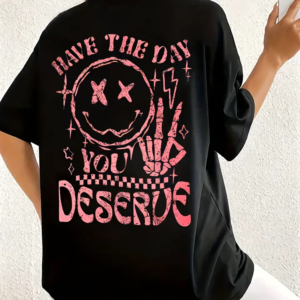 Kadın Kısa Kol Yazlık Tişört Bisiklet Yaka Baskılı Oversize T-Shirt - Siyah