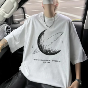 Erkek Baskılı Tişört Kısa Kol Bisiklet Yaka Oversize T-Shirt - Beyaz