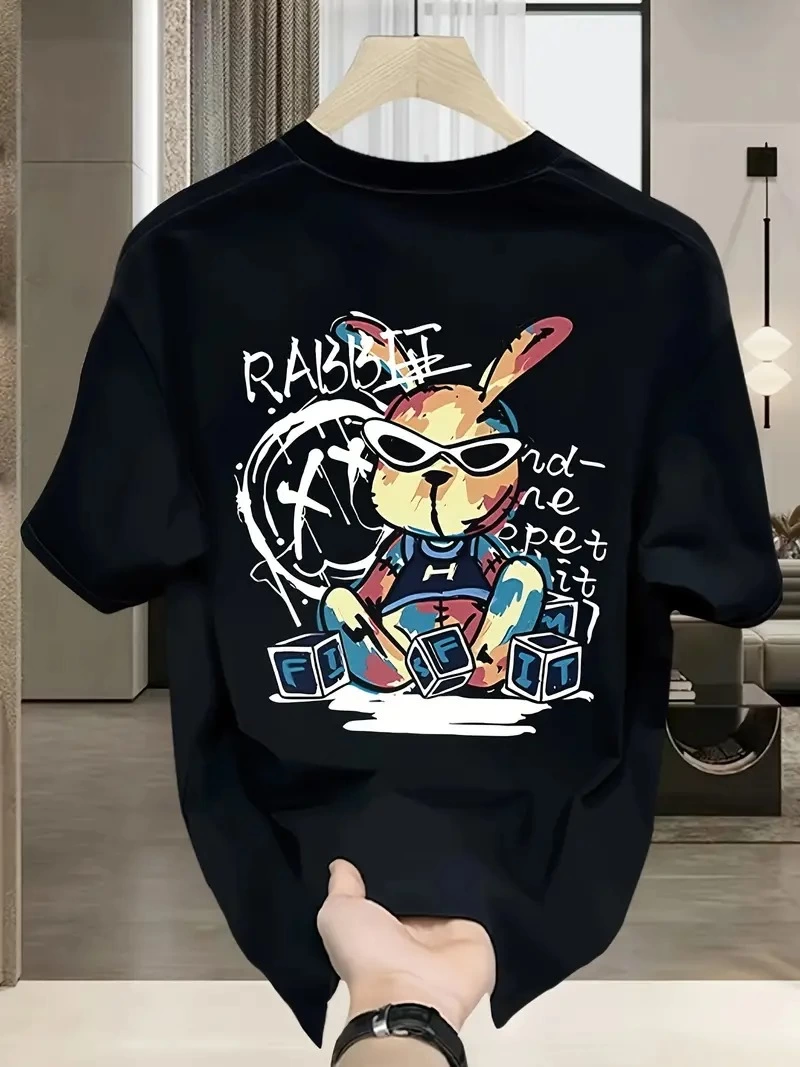 baskili-oversize-bisiklet-yaka-t-shirt-siyah-69736894-sw800sh1067 Erkek T-shirt Tavşan Baskılı Kısa Kollu Tişört - Siyah