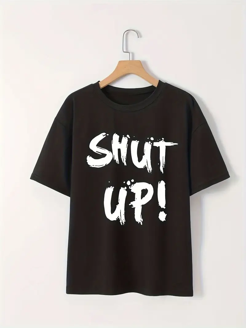 baskili-oversize-bisiklet-yaka-t-shirt-siyah-71333396-sw800sh1067 Kadın Tişört Shut Up Baskılı Kısa Kol Bisiklet Yaka T-Shirt - Siyah