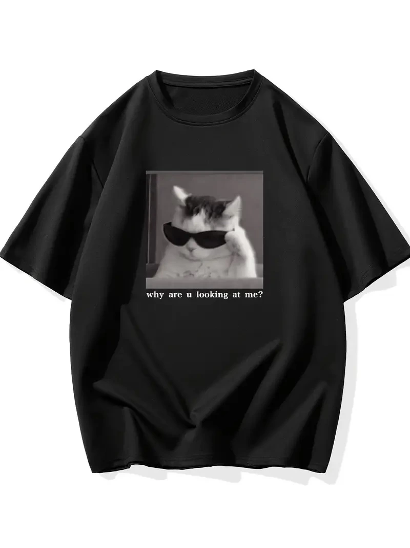 baskili-oversize-bisiklet-yaka-t-shirt-siyah-73566831-sw800sh1067 Erkek T-Shirt Komik Kedi Baskılı kısa kol Tişört - Siyah