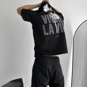 Erkek Ön ve Arka Baskılı T-Shirt Kısa Kol Bisiklet Yaka Regular Fit Tişört -  Siyah