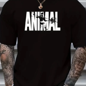 Erkek ANIMAL Baskılı Tişört Bisiklet YakaYazlık T-shirt - Siyah
