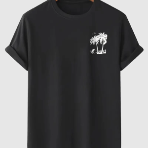 Erkek Kısa Kol Yazlık Tişört Bisiklet Yaka Palmiye Baskılı T-Shirt - Siyah