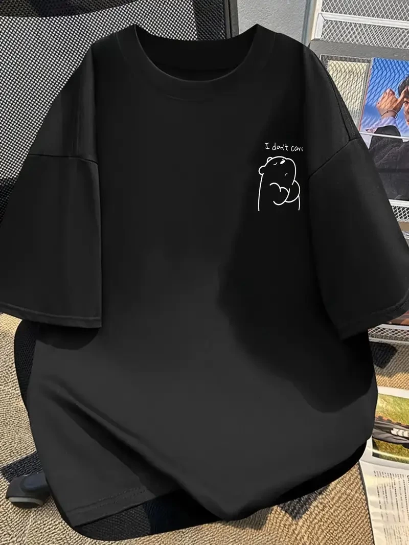 baskili-oversize-bisiklet-yaka-t-shirt-siyah-97595873-sw800sh1066 Kadın Tişört Bisiklet yaka kısa kol Eğlenceli Karikatür T-shirt - Siyah