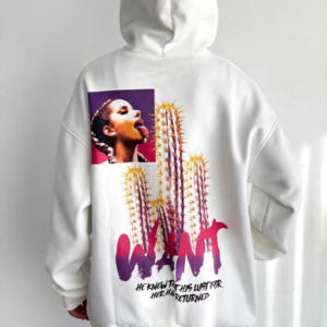 Kadın Oversize Kapüşonlu Cepli WANT Baskılı 3 İplik Pamuklu Hoodie Sweatshirt - Beyaz