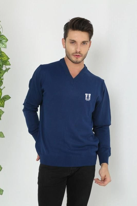 baskili-v-yaka-uzun-kol-dokuma-triko-indigo-80187210-sw533sh800 Erkek V Yaka Kazak Baskılı Dokuma Triko - Indigo