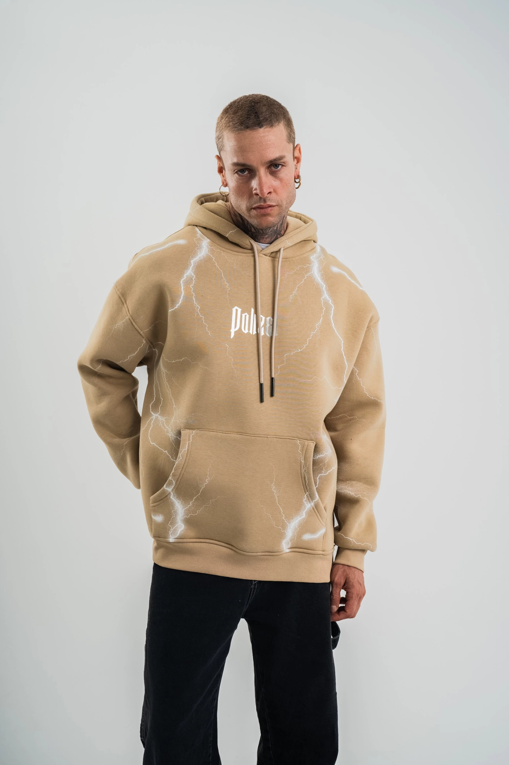 double-oversize-kapsonlu-simsek-pano-baskili-sweatshirt-bej-18651725-sw1706sh2560 Erkek Baskılı Kapüşonlu Oversize 3 İplik Pamuklu SweatShirt Hoodie - Bej