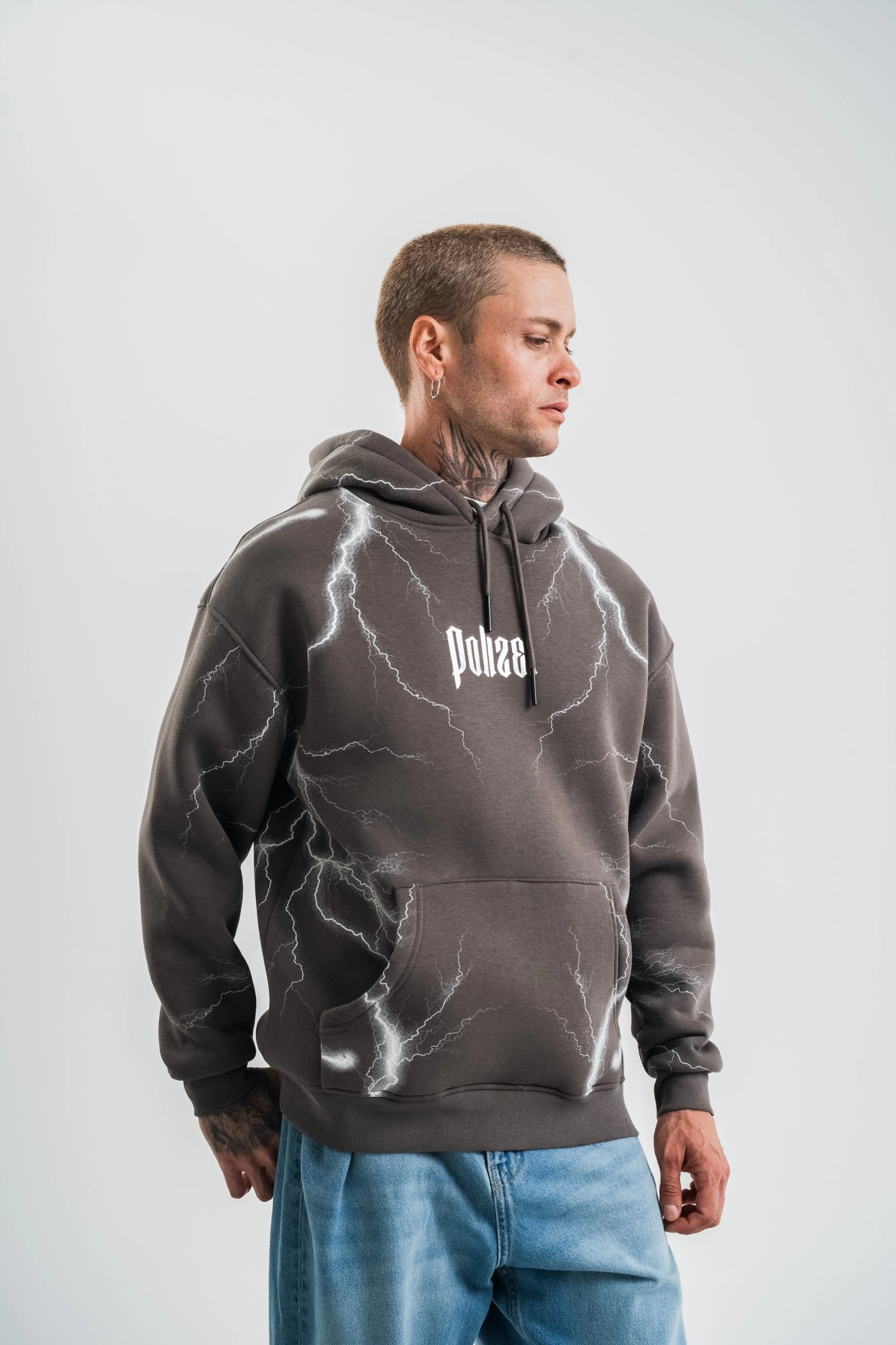 double-oversize-kapsonlu-simsek-pano-baskili-sweatshirt-fume-52770661-sw1706sh2560 Erkek Baskılı Kapüşonlu Oversize 3 İplik Pamuklu SweatShirt Hoodie - Füme