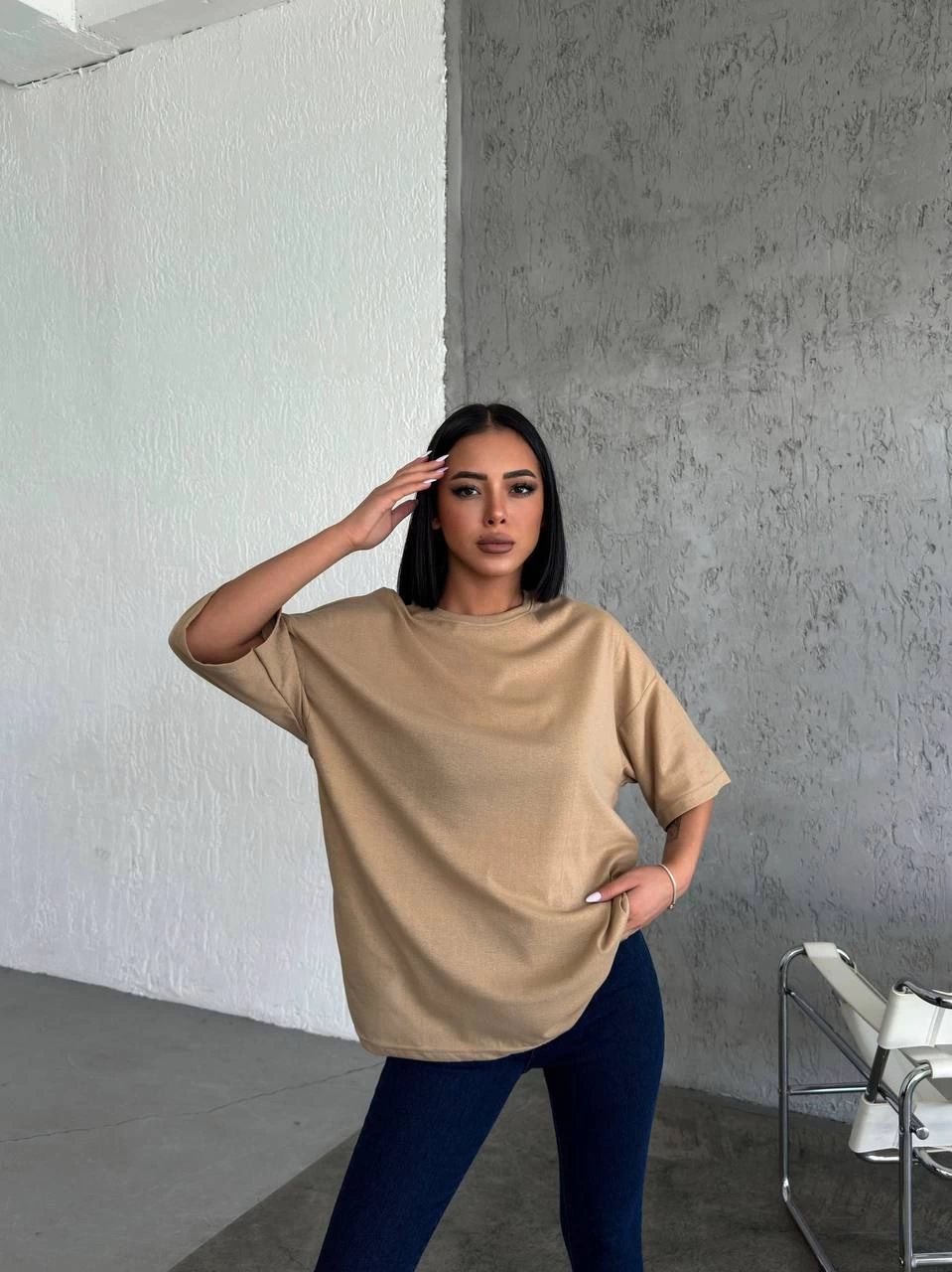 duz-biskilet-yaka-t-shirt-bej-50685485-sw959sh1280 Kadın Düz T-Shirt Kısa Kol Bisiklet Yaka Oversize Rahat Kalıp Günlük Tişört - Bej