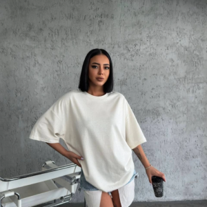 Kadın Düz T-Shirt Kısa Kol Bisiklet Yaka Oversize Rahat Kalıp Günlük Tişört - Beyaz