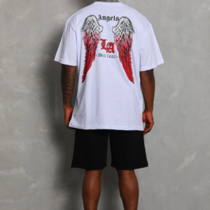 Erkek Kısa Kol Tişört Bisiklet Yaka KANAT Baskılı Oversize T-Shirt - Beyaz